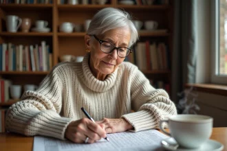 Femme en train de remplir des mots fléchés dans un journal posé sur une table en bois avec un café
