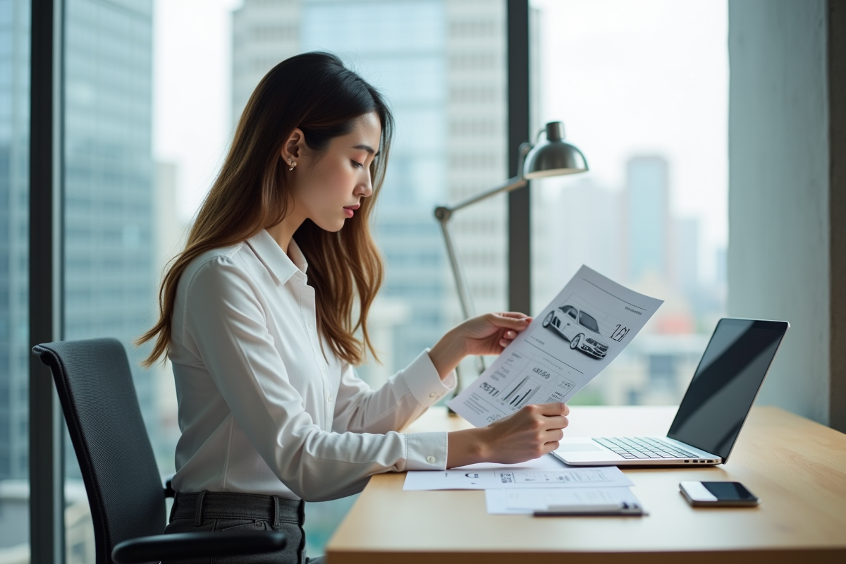 Femme analysant des spécifications techniques dans un bureau lumineux