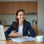 Femme souriante en cuisine lors d'un appel vidéo