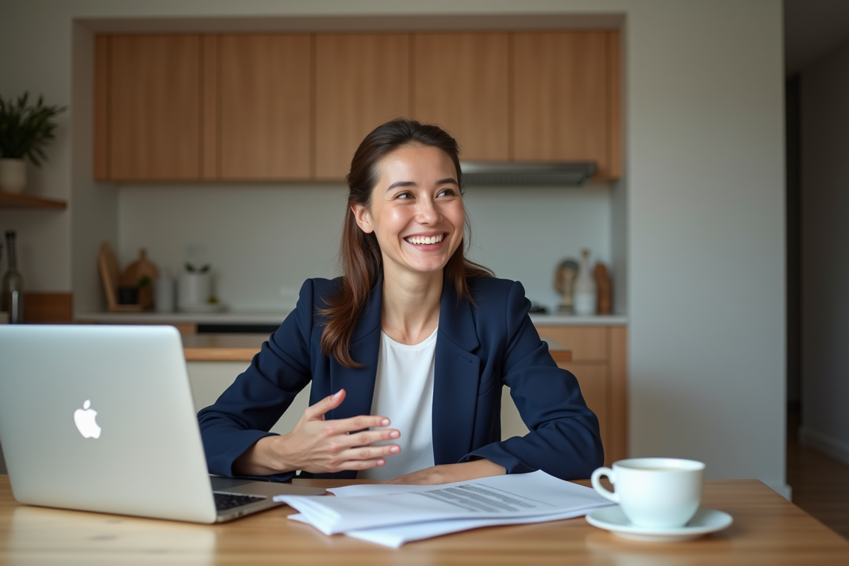 Femme souriante en cuisine lors d'un appel vidéo