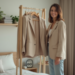 Femme arrangeant un vestiaire capsule dans une chambre lumineuse