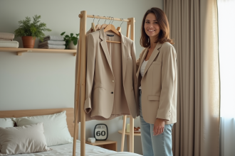 Femme arrangeant un vestiaire capsule dans une chambre lumineuse
