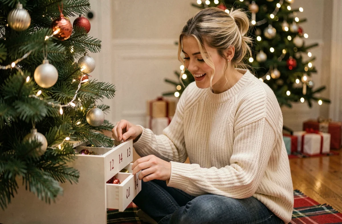 Jeune femme ouvrant un tiroir de son calendrier de l'Avent hugo Romance près d'un sapin de Noël décoré