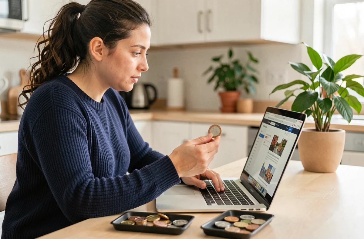 Femme consultant les prix de pièces de 2 euros rares sur un site d'enchères en ligne depuis sa cuisine