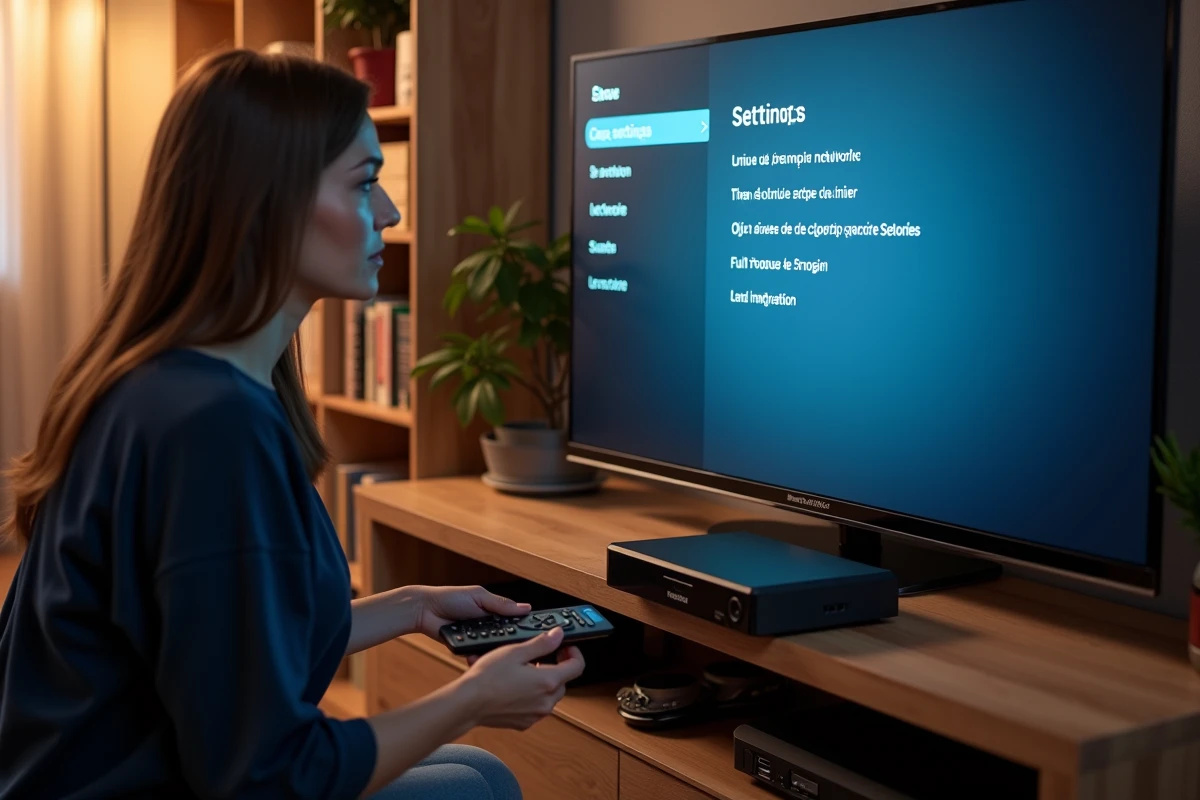 Femme consultant le menu de réglages de sa Freebox Révolution pour résoudre un problème de télécommande