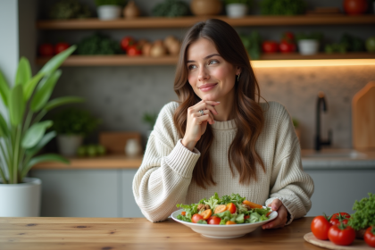 Femme dégustant une salade dans une cuisine moderne