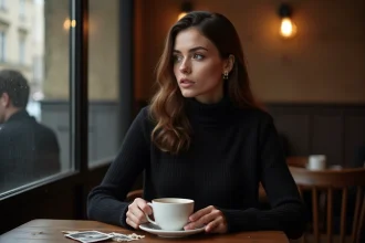 Femme seule dans un café parisien tenant une tasse, regard mélancolique avec une photo déchirée sur la table, symbolisant la trahison en amour