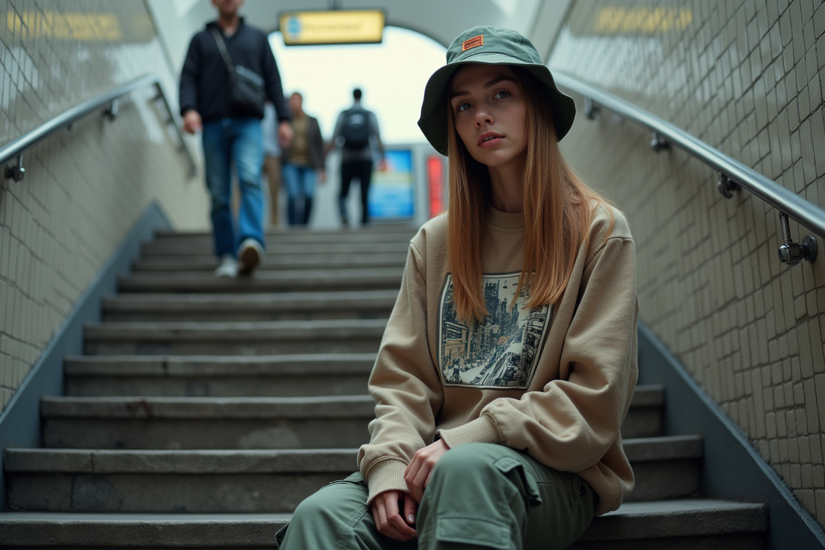 Jeune femme assise sur un escalier de métro en ville