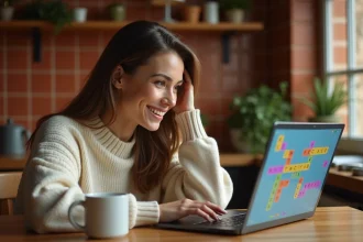 Femme utilisant un solver de mots sur son ordinateur portable comme coach personnel pour les jeux de lettres