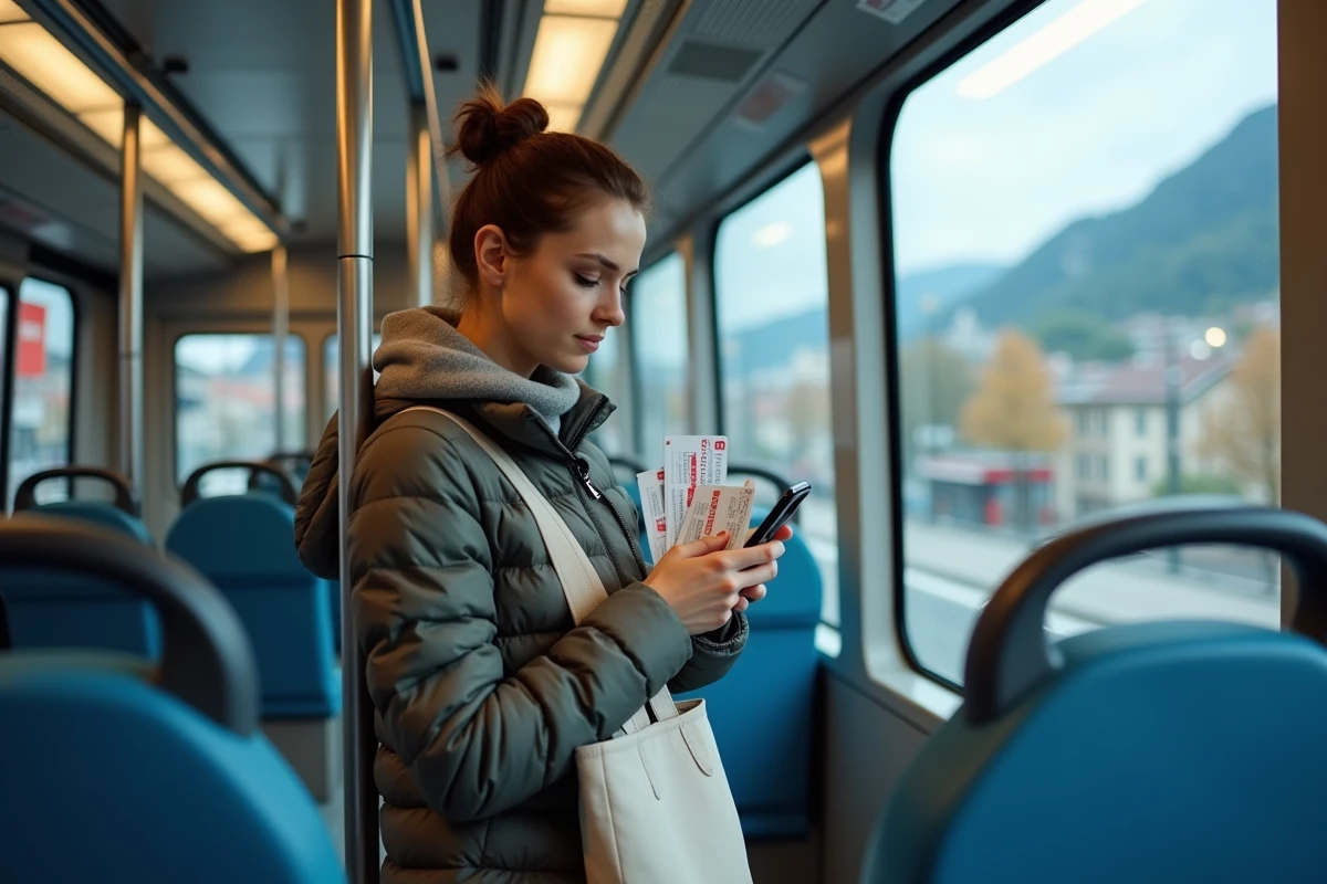 Jeune femme dans le tram de Grenoble consultant les horaires sur son téléphone avant un concert, vue intérieure du tramway avec paysage urbain