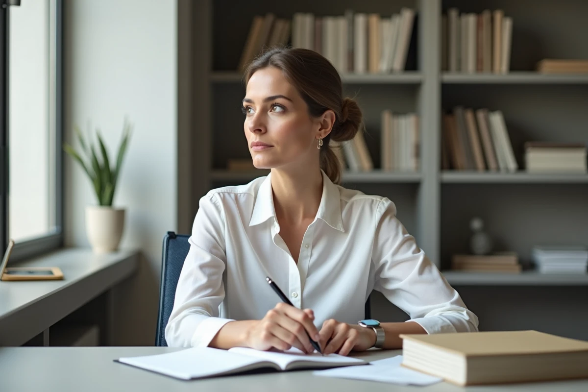 Femme concentrée en bureau moderne avec notes manuscrites