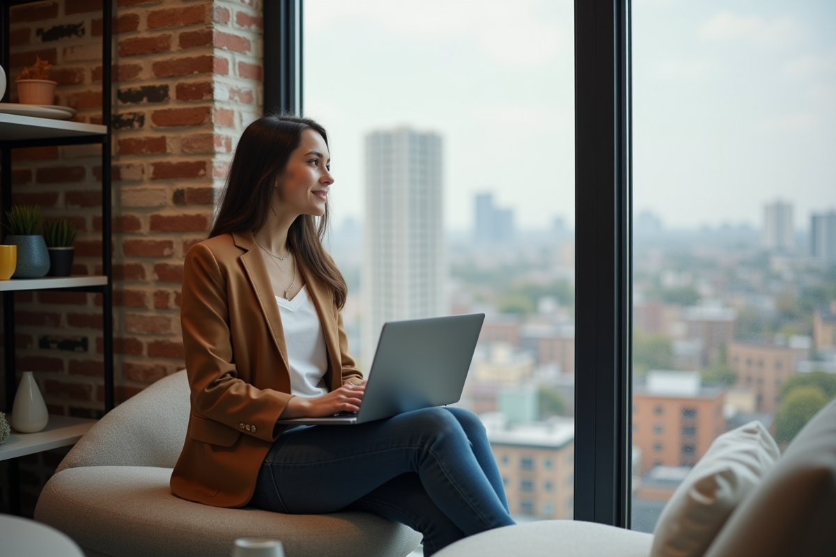 Jeune femme travaillant dans un espace lounge lumineux