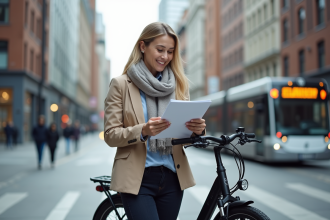 Femme souriante avec vélo électrique en ville