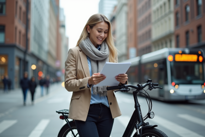 Femme souriante avec vélo électrique en ville
