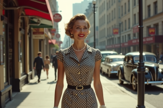 Femme en robe à pois des années 1950 dans la ville
