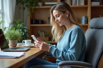 Femme en sweater bleu utilisant son smartphone pour écouter des messages