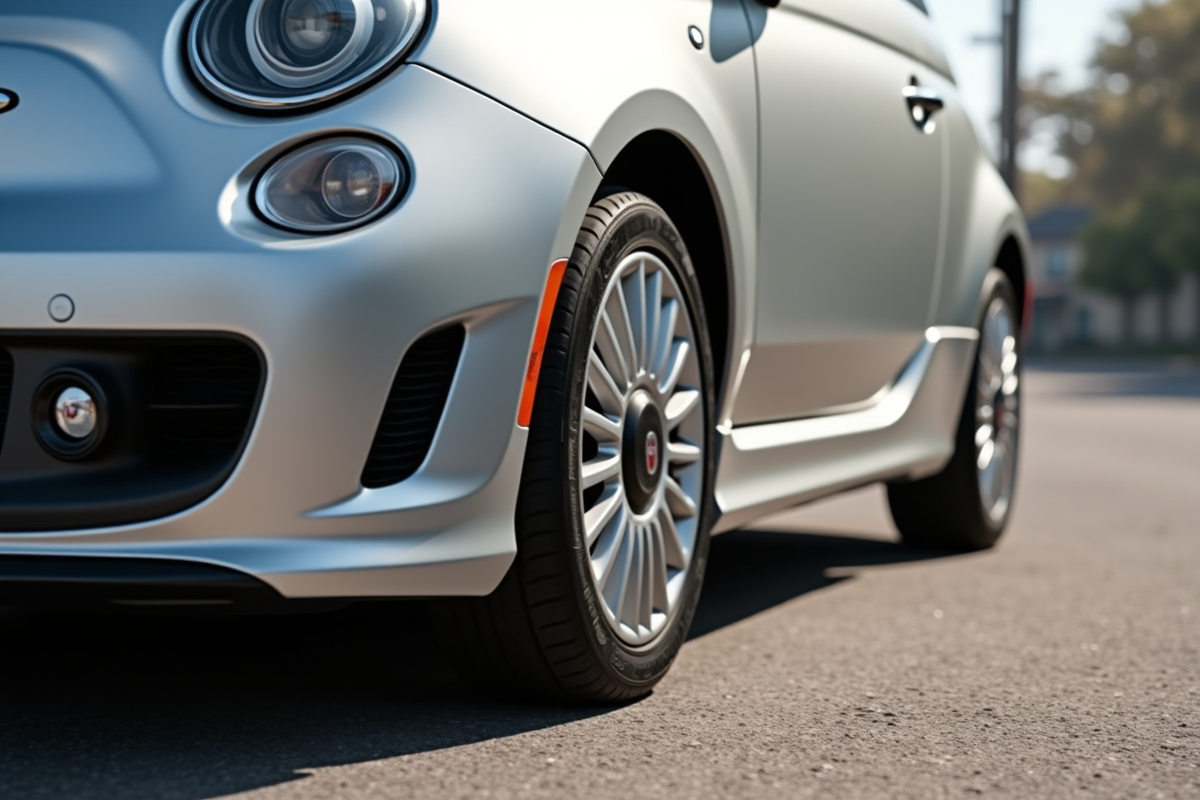 Roue avant d'une Fiat 500 argentée sur la route ensoleillée