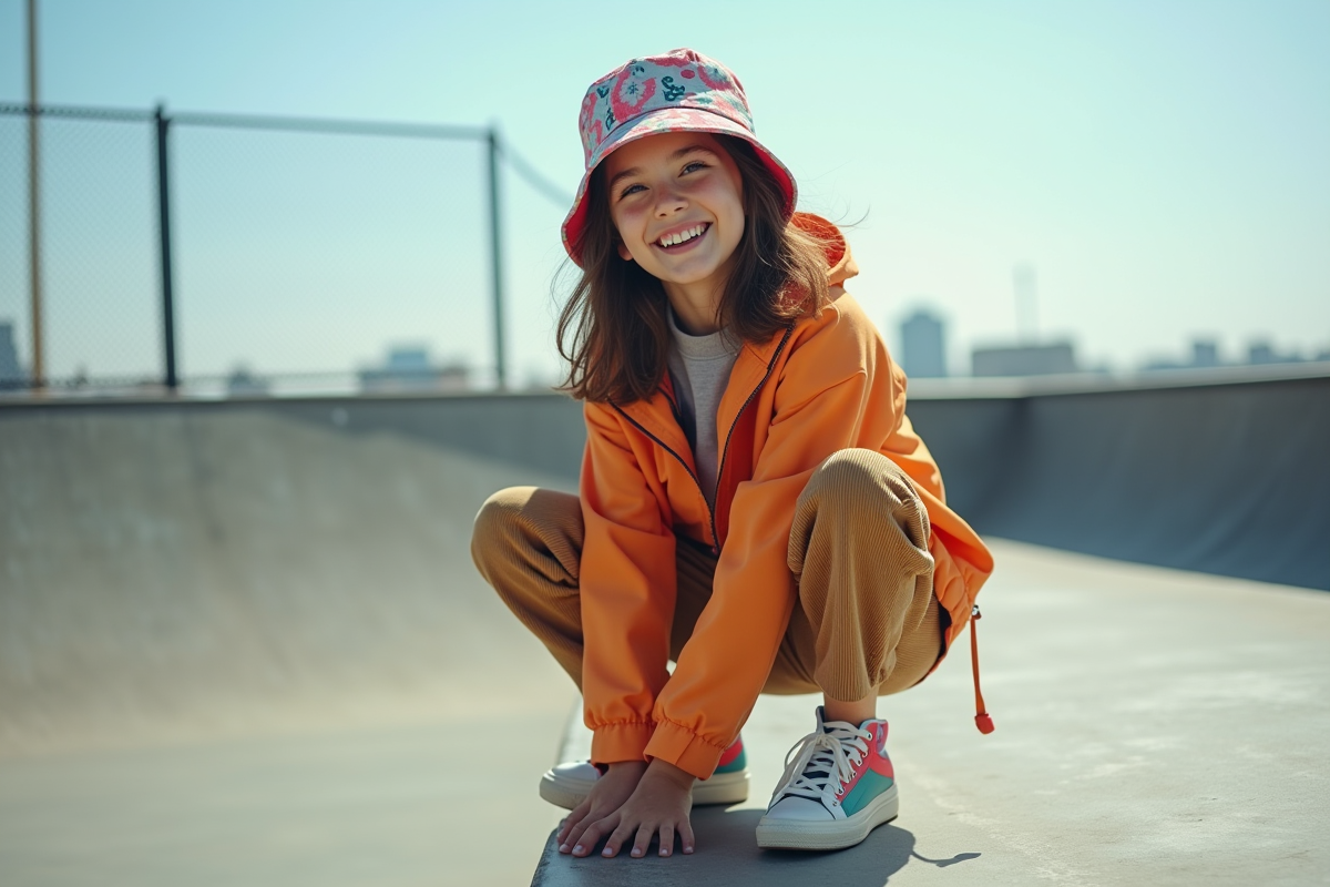 Fille en streetwear avec chapeau coloré au skatepark