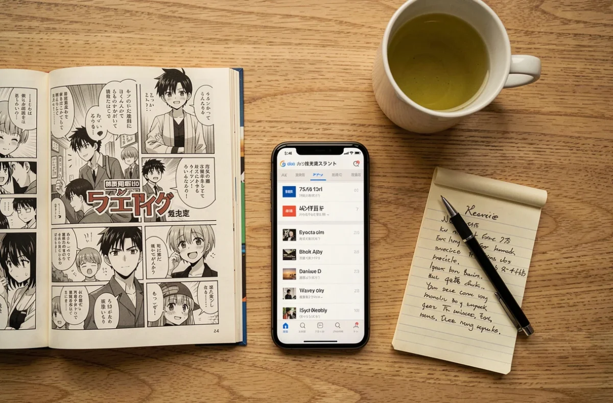 Flat lay éditorial d'un manga ouvert, smartphone et planning de sortie de chapitres One Piece sur une table