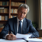 Homme en costume navy examinant des documents fiscaux dans un bureau parisien