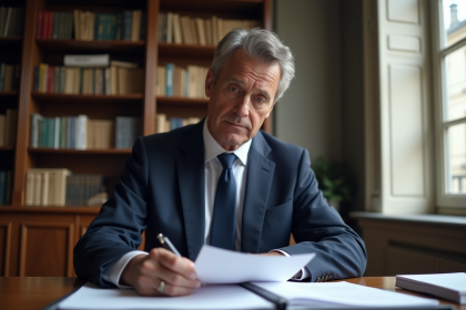 Homme en costume navy examinant des documents fiscaux dans un bureau parisien