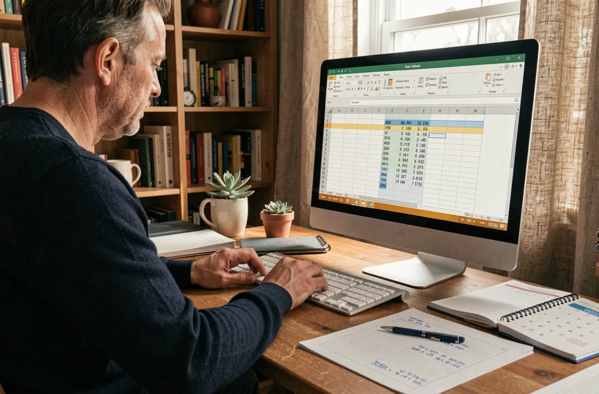Homme utilisant des formules Excel pour calculer des intervalles de dates dans un bureau à domicile