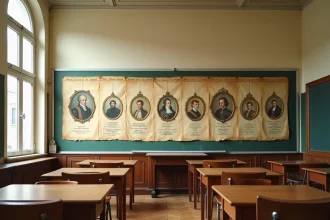 Frise des rois de France affichée en classe avec portraits ovales et dates clés sur papier crème