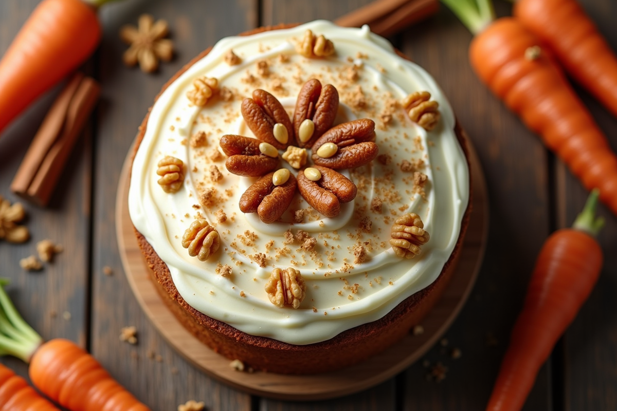 Gâteau carotte entier avec glaçage et noix sur table en bois