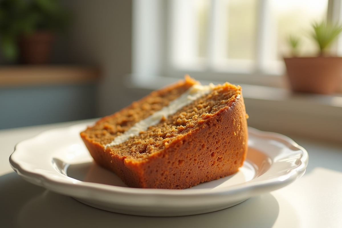 Partie de gâteau carotte tranchée sur assiette blanche