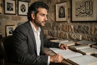Portrait d'un homme d'origine libanaise au bureau évoquant l'identité culturelle et le nom Georges Maroun Kikano