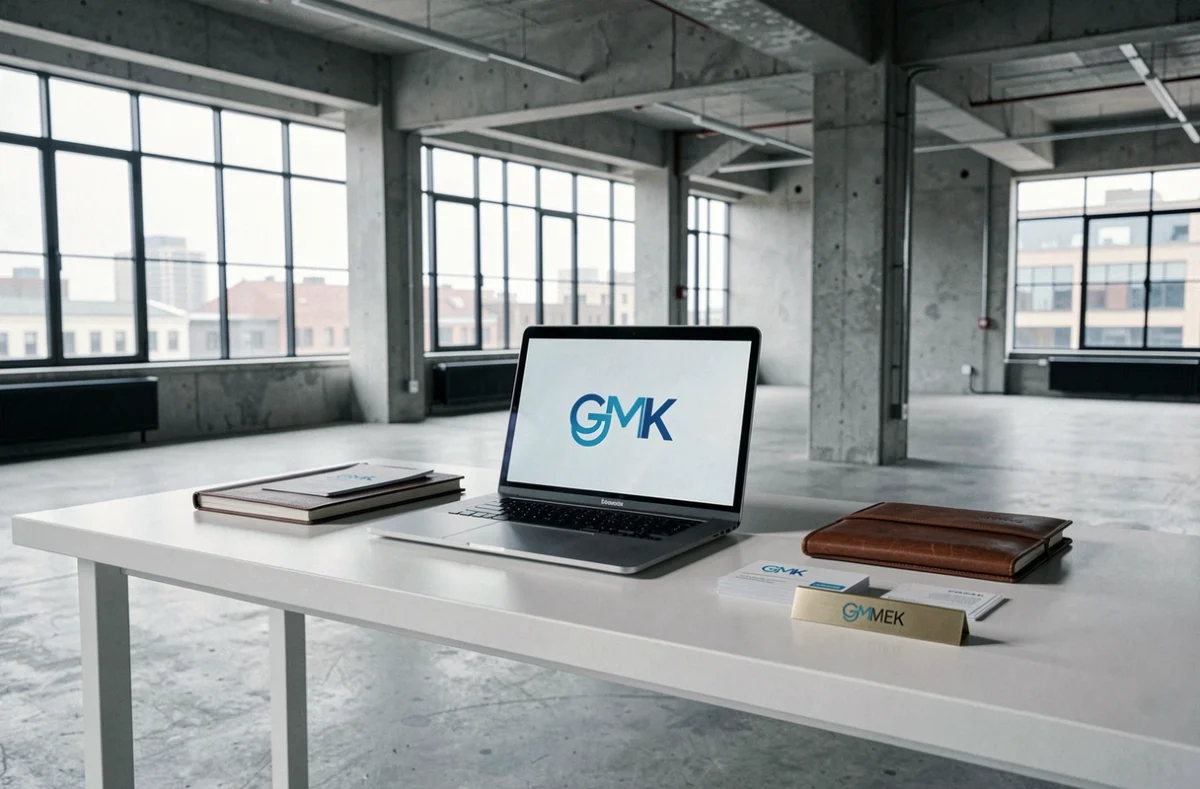 Bureau moderne avec logo GMK et éléments de personal branding illustrant la transformation du nom Georges Maroun Kikano