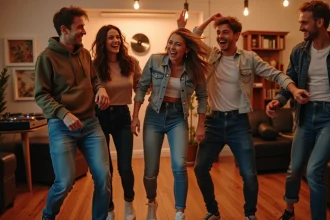 Groupe de jeunes adultes dansant lors d'une soirée conviviale
