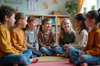 Enfants en cercle dans une classe chaleureuse