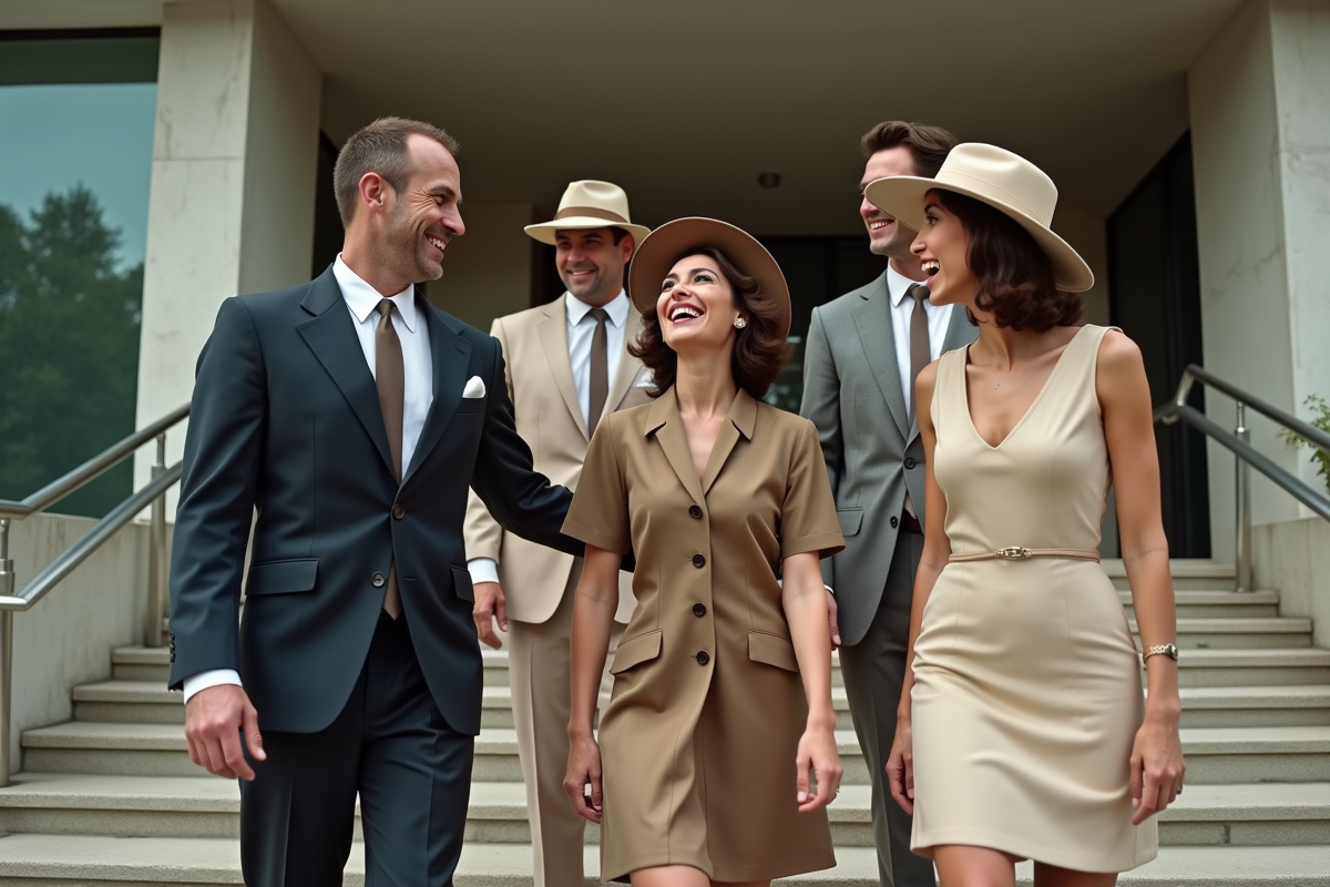 Groupe d amis en tenue 1967 sur les escaliers