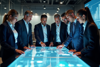 Groupe de professionnels discutant de visualisations digitales