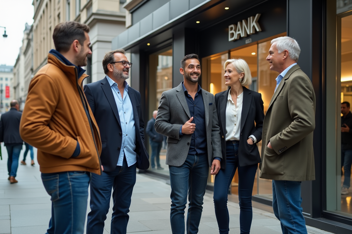 Groupe de personnes devant une banque urbaine moderne
