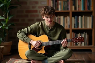 Jeune guitariste lisant des partitions gratuites imprimées posées sur le sol en bois d'un home studio chaleureux