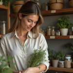 Femme examinant des herbes fraîches dans une boutique chaleureuse
