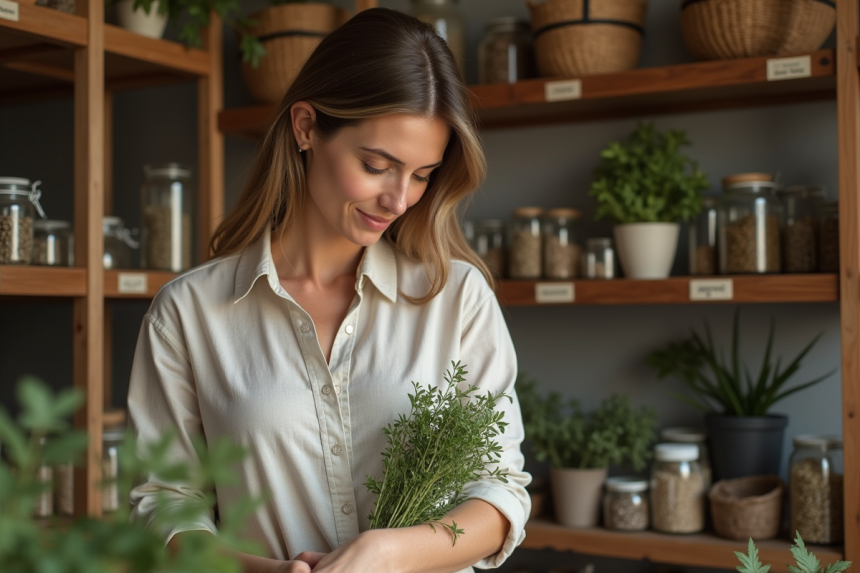 Femme examinant des herbes fraîches dans une boutique chaleureuse