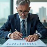 Homme d'affaires en costume bleu analysant un graphique financier
