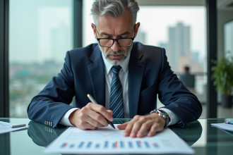 Homme d'affaires en costume bleu analysant un graphique financier