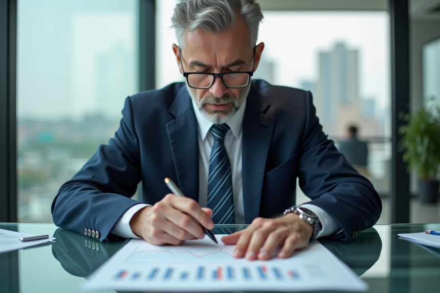 Homme d'affaires en costume bleu analysant un graphique financier