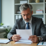 Homme d'affaires lisant une lettre dans un bureau moderne
