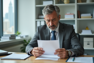 Homme d'affaires lisant une lettre dans un bureau moderne