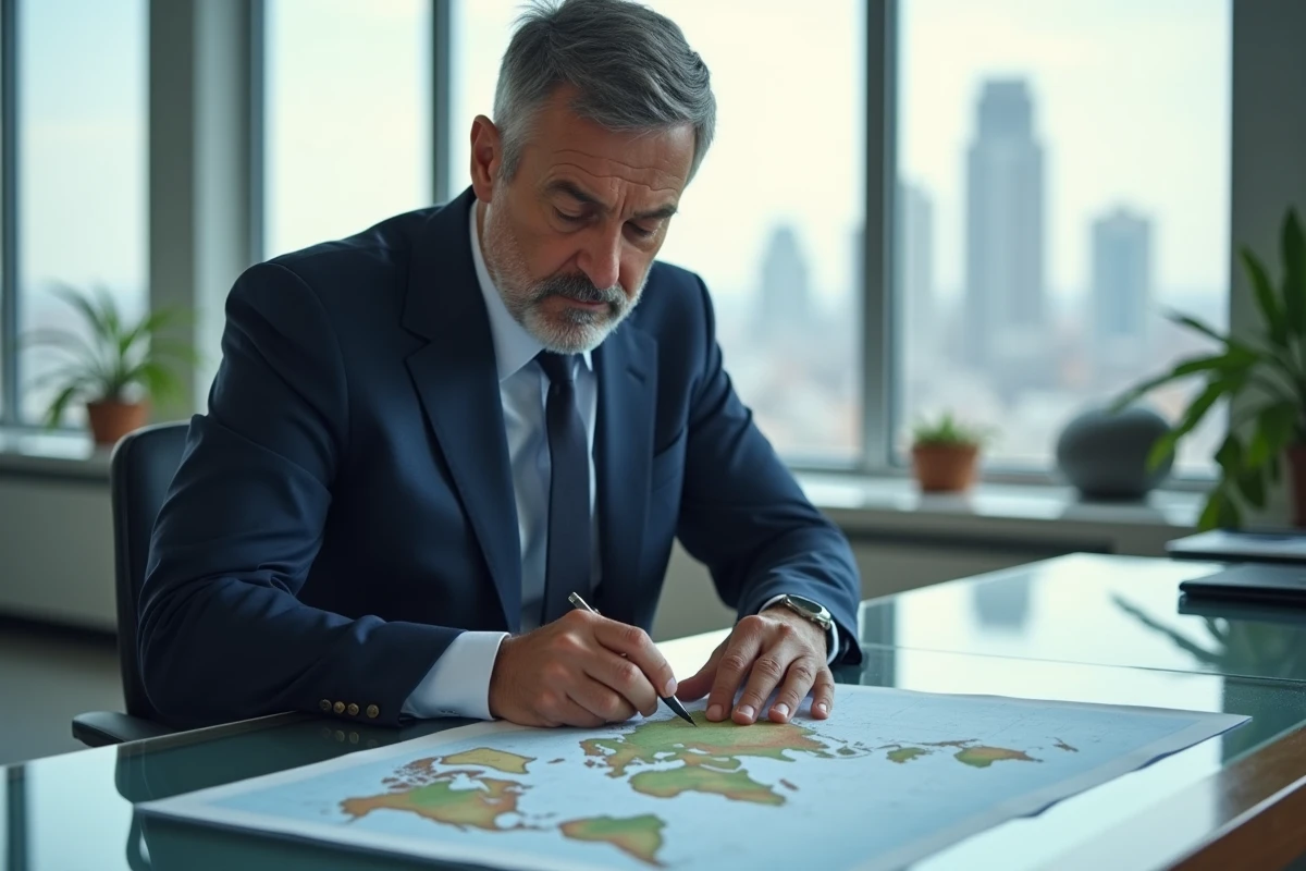 Homme d'affaires en costume bleu étudiant une carte du monde