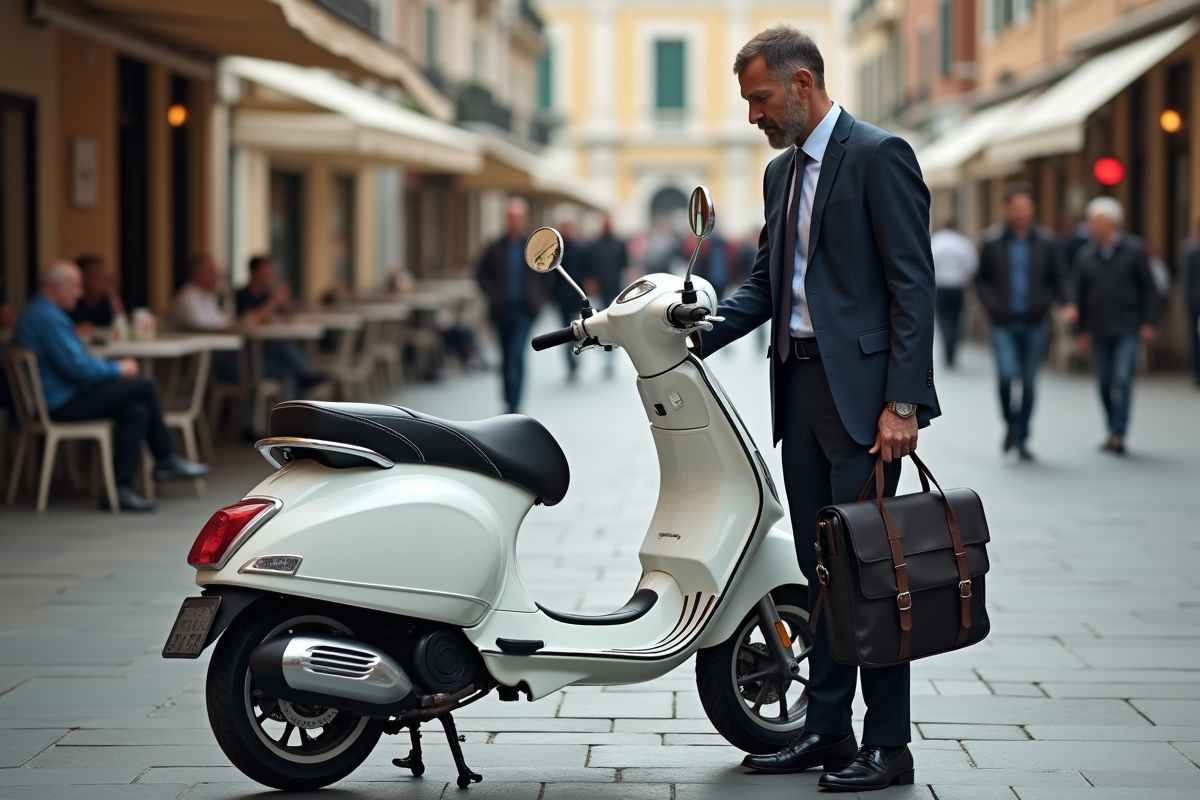 Homme d affaires ajustant son scooter en ville