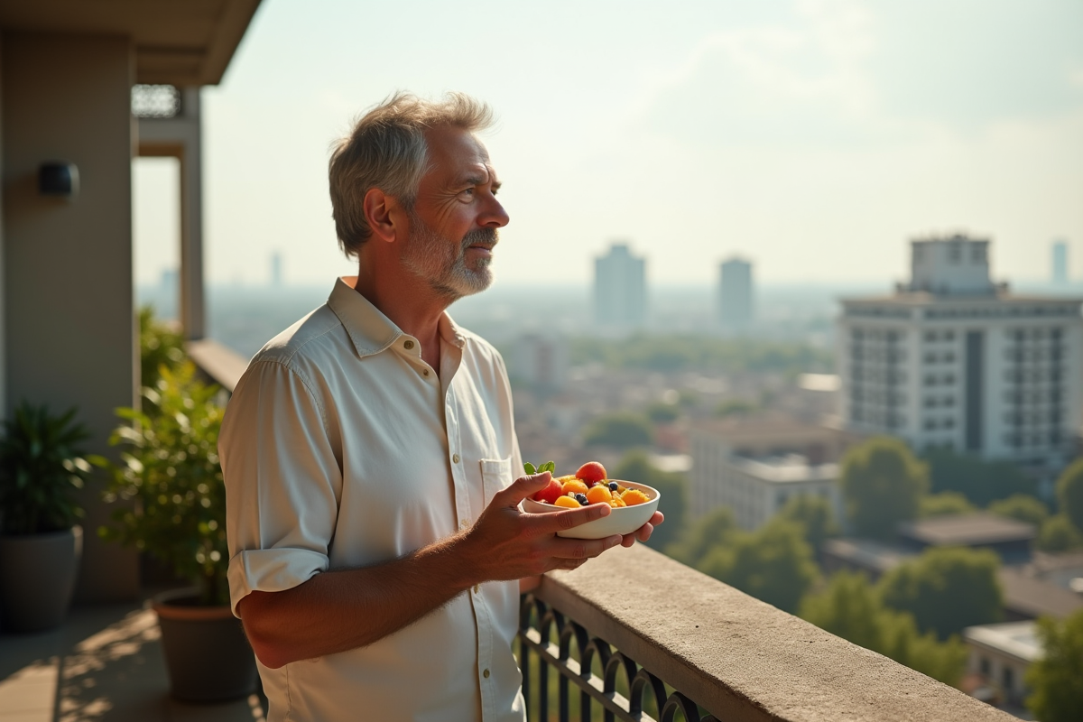 Homme profitant d un bol de fruits sur un balcon en ville