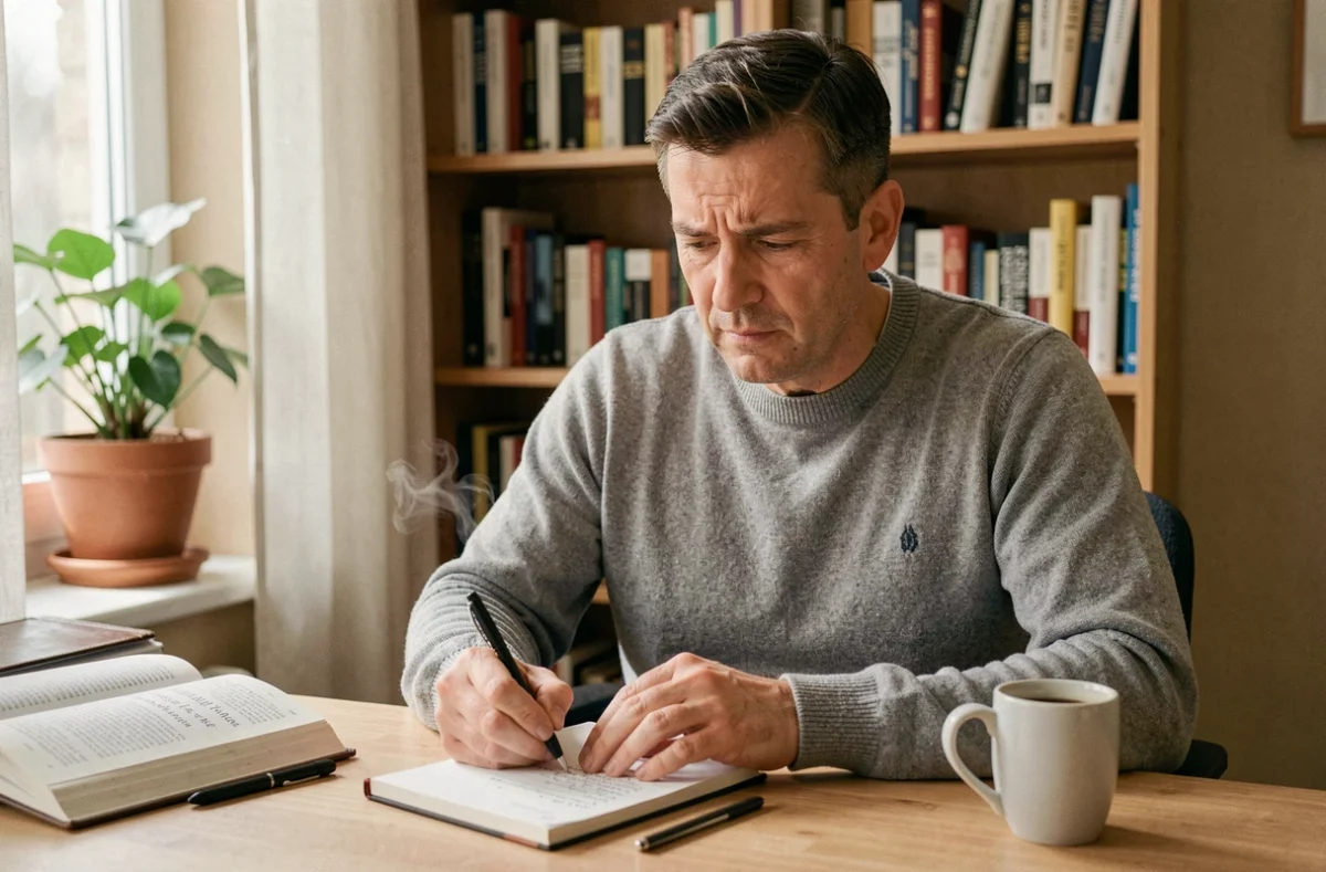 Homme à son bureau à domicile hésitant sur l'orthographe d'une expression française dans un carnet, avec un livre de grammaire ouvert à côté