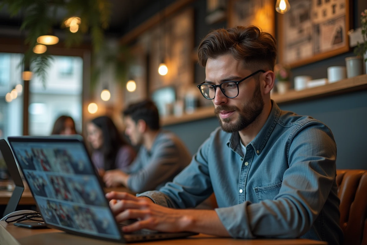Homme regardant des comics en ligne dans un café moderne
