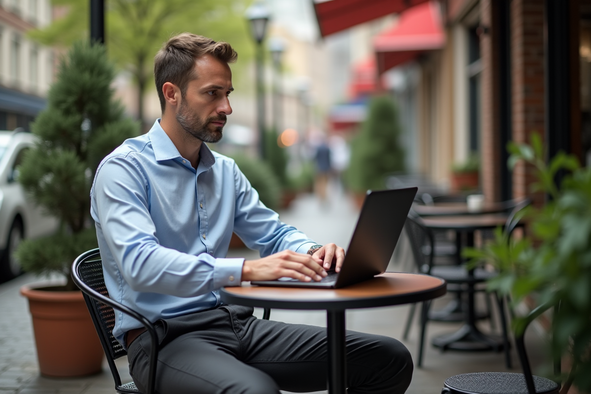 Homme concentré utilisant son ordinateur dans un café
